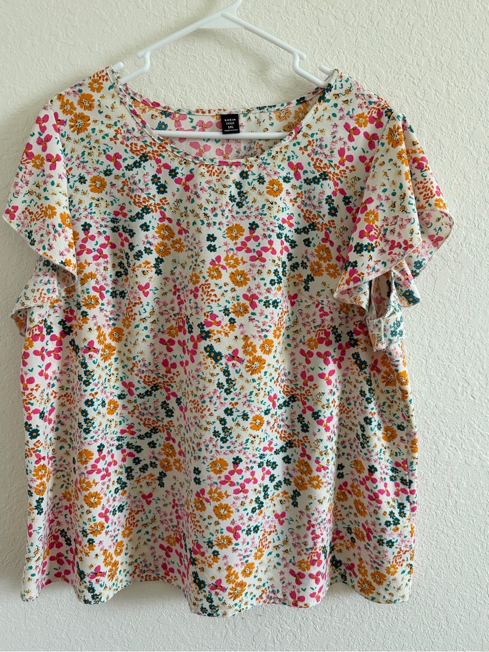 SHEIN White Floral Ruffle Sleeve Top with Pink & Mustard